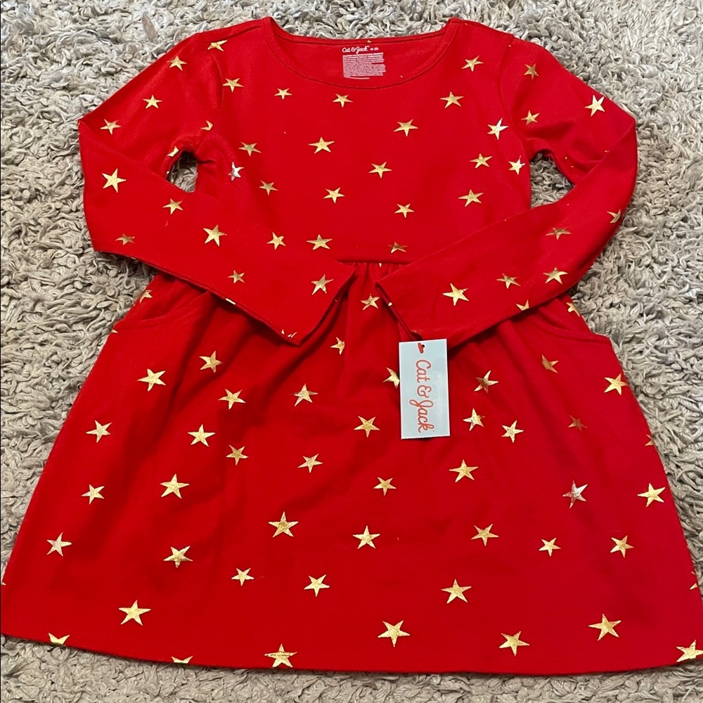 NWT Cat & Jack Long Sleeve Red Dress w/Gold Stars, Size M (8)